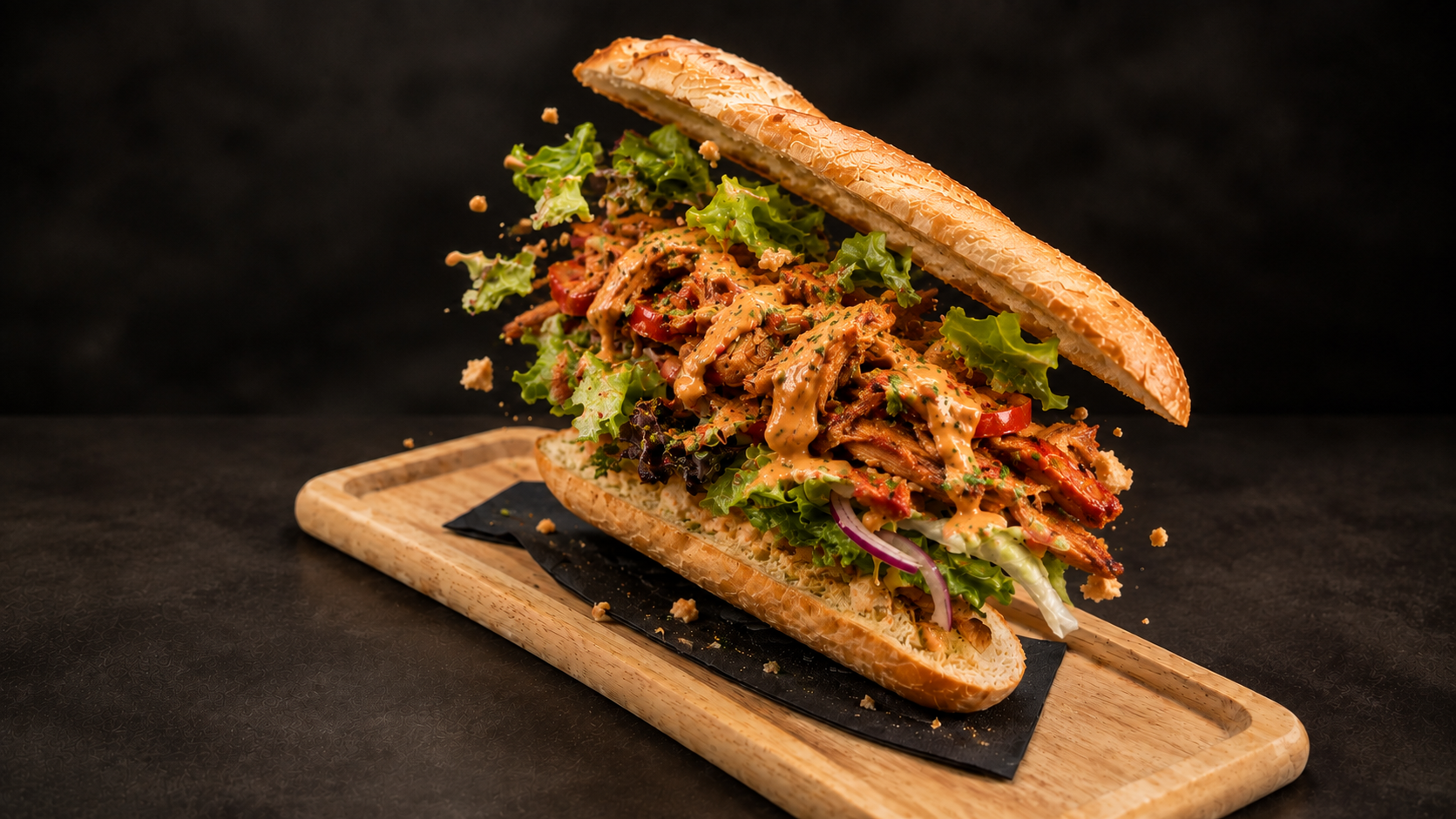Broodje Pulled Chicken BBQ op een houten plank